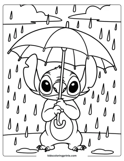 Stitch Holds An Umbrella During A Rainy Day In This Serene Coloring Page.