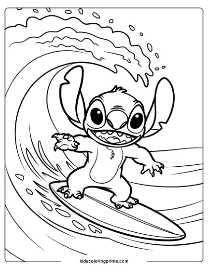 Stitch Is Surfing On A Wave With A Big Smile In This Adventurous Coloring Page.