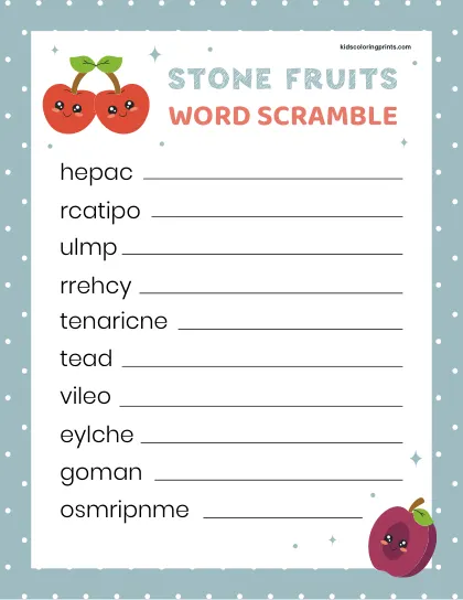 Free Printable Stone Fruits Word Scramble For Learners To Explore Fruit Names In A Creative Way.