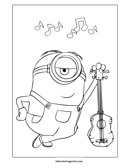 Coloring Page With Stuart The Minion Holding A Guitar And Music Notes Above, Great For A Musical Coloring Page.