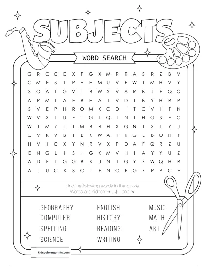 Free Printable Subjects Word Search Puzzle With 11 Subjects From Math To Spelling.