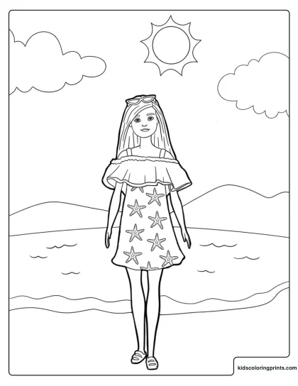 Summer Barbie Coloring Page With Barbie Standing By The Beach Under A Sun And Clouds.