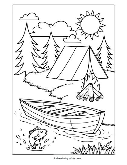 A Boat, Tent, And Campfire By The Lake Create A Peaceful Outdoor Vibe In This Summer Camping Coloring Page.