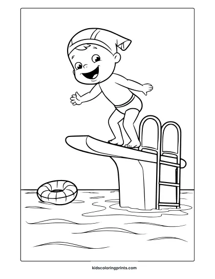 A Child On A Diving Board With A Float Ring Below Stars In This Playful Summer Holiday Coloring Page.