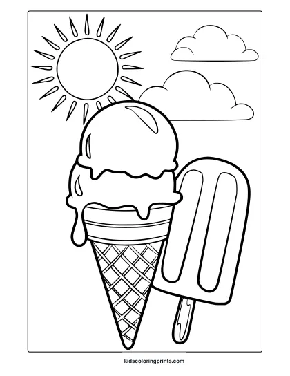 An Ice Cream Cone And Popsicle Melt Happily Under The Sun In This Delicious Summer Ice Cream Coloring Page.