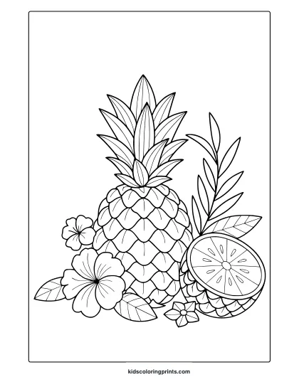 Tropical Pineapple Coloring Page With Citrus, Hibiscus Flowers, And Leafy Plants For July Vibes.