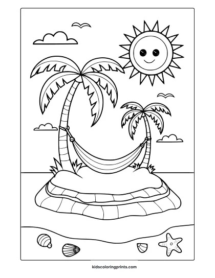 A Sunny Beach Island With Palm Trees And Waves Creates A Relaxing Summer Scene For This Coloring Page.