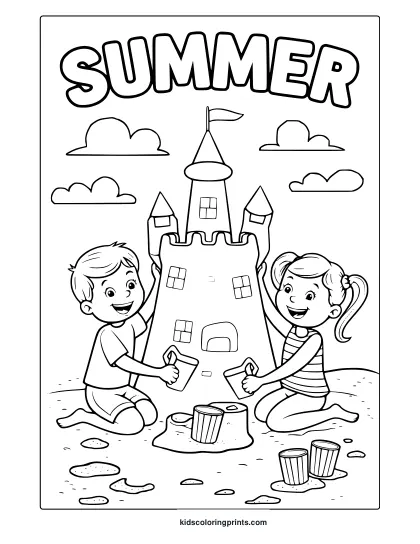 Two Kids Build A Sand Castle Under The “Summer” Sky In This Playful Beach-Themed Summer Coloring Page.