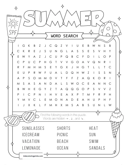 Free Printable Summer Word Search Puzzle With 12 Words From Sun To Beach.