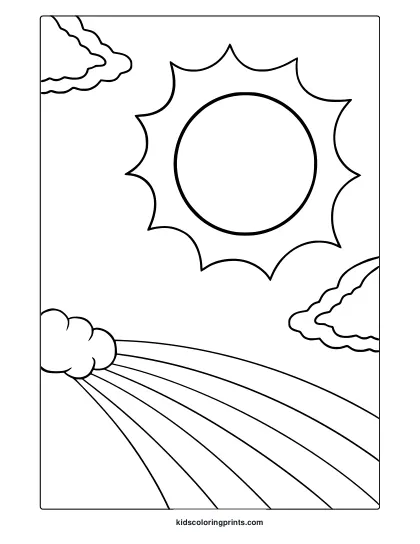 Sun With Rainbow Coloring Page Featuring Clouds And Radiating Sun Rays.