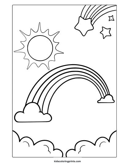 Sun With Rainbow Coloring Page Featuring Shooting Star And Fluffy Clouds.