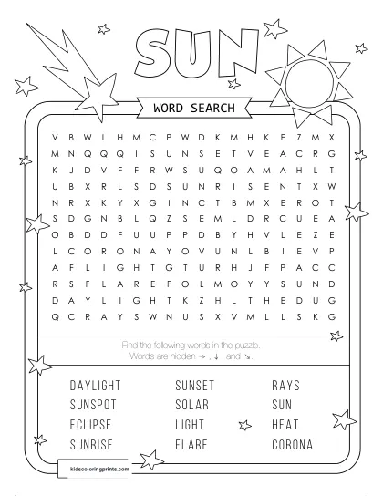 Free Printable Sun Word Search Puzzle With 12 Words From Sun To Light.