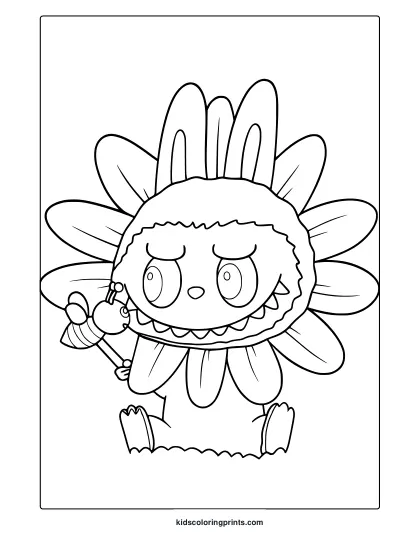 Labubu With Flower-Petal Head And Wide Grin In A Playful Flower-Themed Coloring Page.