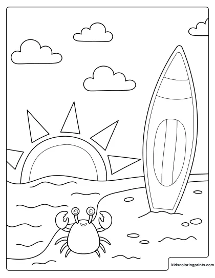 Summer Coloring Page Featuring A Smiling Crab, A Boat, And The Rising Sun Above Calm Waves.
