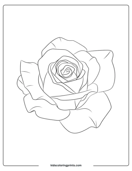 Coloring Page Of A Blooming Rose With A Symmetrical Petal Arrangement, Perfect For Relaxing, Detailed Coloring.