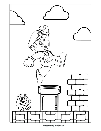 Coloring Page Of Mario Jumping Over A Pipe With A Goomba And Clouds In The Background.