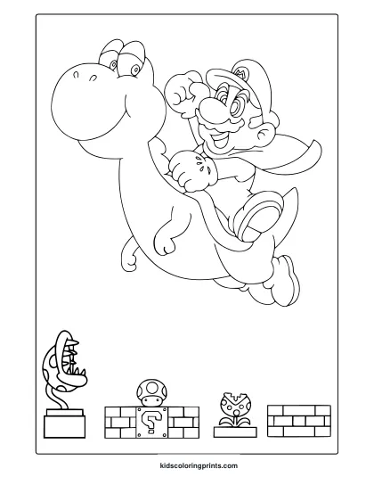 Coloring Page With Mario Riding Yoshi And Small Power-Ups Beneath Them.