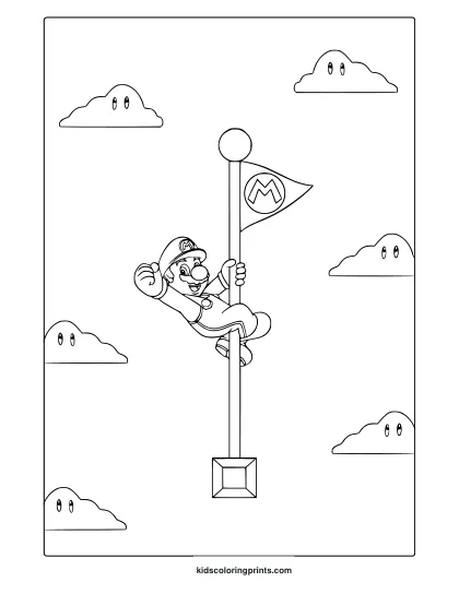Coloring Page With Mario Climbing A Flagpole And Clouds With Faces In A Playful Style.