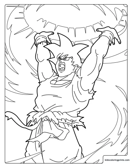 Super Saiyan Goku Screaming While Powering Up Coloring Page With Arms Raised