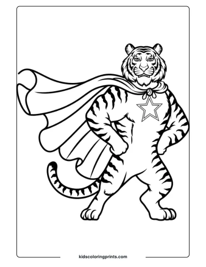 Superhero Tiger Coloring Page Showing A Tiger In A Cape, Exuding A Strong And Heroic Stance.