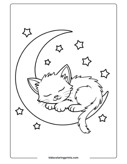 A Content Kitten Curled On A Crescent Moon, With Stars Nearby, Making This Coloring Page Dreamy And Serene.