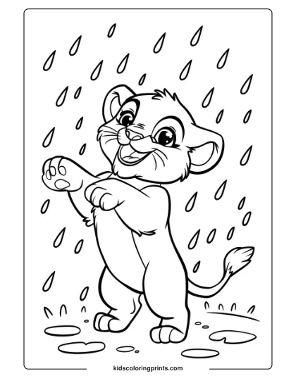 A Playful Lion Cub In The Rain, Perfect For A Lively And Fun Lion Coloring Page For Kids To Color.