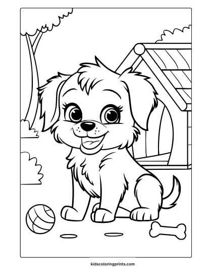 A Cute Puppy In A Garden With A Tree And A Bone. A Peaceful Sweet Puppy Coloring Page To Enjoy.