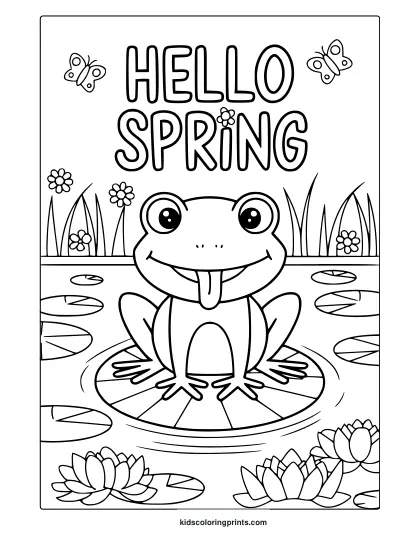 Spring Coloring Page With A Happy Frog On A Lily Pad, Butterflies, And Flowers, Perfect For A Fun And Creative Coloring Experience.