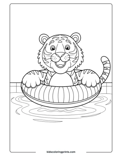 Swimmer Tiger Coloring Page With A Happy Tiger Floating On A Striped Inflatable In A Calm Pool.