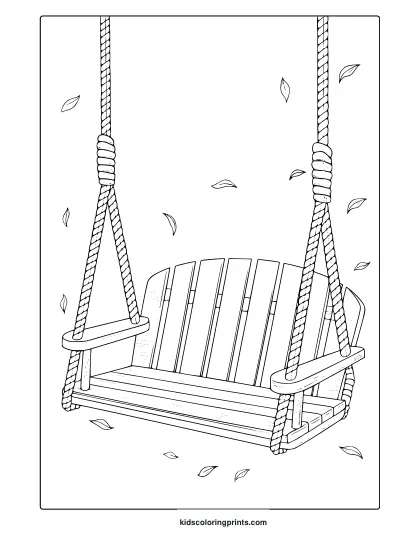 A Swing In The Breeze Coloring Page With A Wooden Swing, Thick Ropes, Armrests, And Falling Leaves, Suggesting An Autumn Setting.