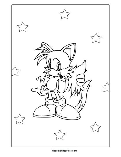 Coloring Page With Tails In Center Frame And Whimsical Star Pattern Behind.