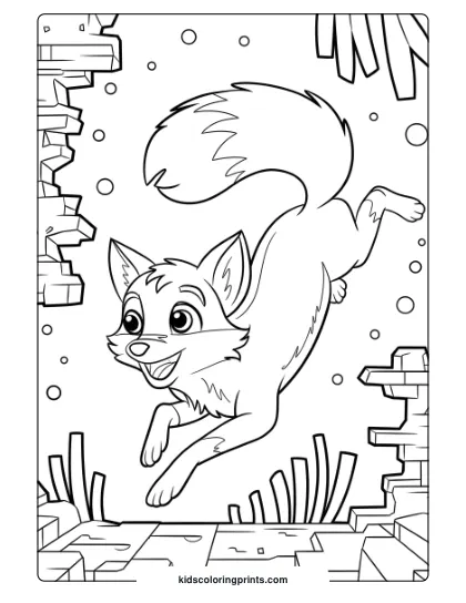 Fox Coloring Page Of Tails The Fox Exploring Underwater Ruins, Creating A Sense Of Adventure Among Bubbles And Ice Formations.