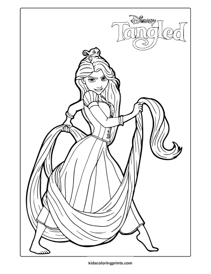 Rapunzel Coloring Page Holding Long Hair.