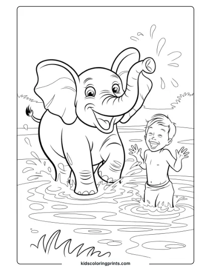 Coloring Page Of An Elephant And A Child Playing By The River.