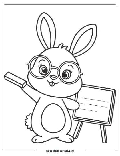 Coloring Page Of A Teacher Bunny With Glasses And A Blackboard, Creating A Fun Educational Theme.