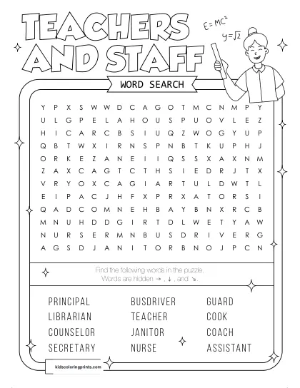 Free Printable Teachers And Staff Word Search Puzzle With 12 Roles From Teacher To Guard.