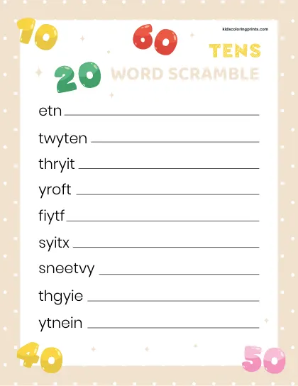 Free Printable Tens Word Scramble For Learners Practicing Multiples Of Ten.