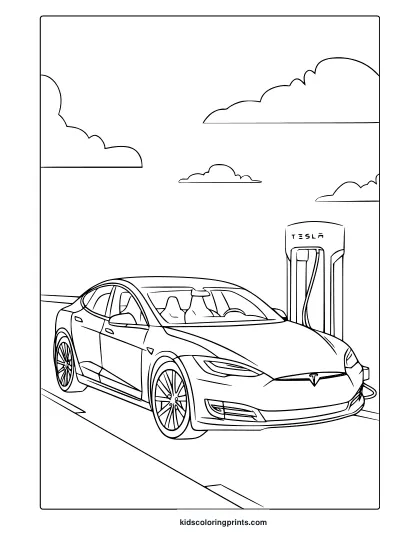 A Tesla Car At A Charging Station Under A Clear Sky, A Modern Tesla Coloring Page.