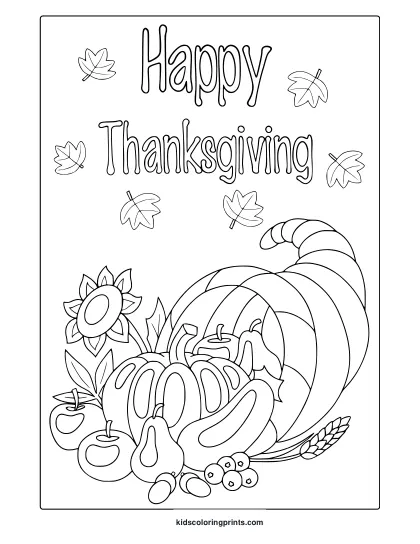 Thanksgiving Cornucopia Coloring Page With Pumpkin, Apples, Grapes, Pear, Sunflower, And Wheat.
