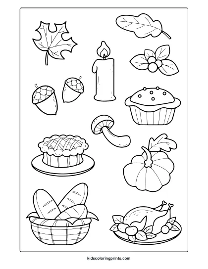 Thanksgiving Elements Coloring Page With Turkey Dinner, Pie, Pumpkin, Leaves, Acorns, And Basket.