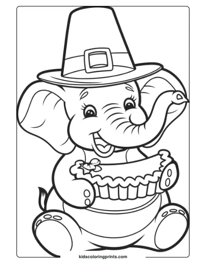 Coloring Page Of An Elephant With A Pilgrim Hat Holding A Pie.