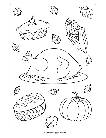 Thanksgiving Foods Coloring Page With Roasted Turkey, Pie, Corn, Bread, Pumpkin And Autumn Leaves.