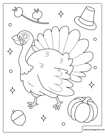 Thanksgiving Coloring Page Showing A Turkey With A Pumpkin, Acorn, And Festive Fall Elements.