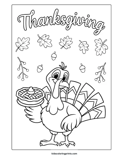 Thanksgiving Turkey Coloring Page With Gobble Gobble Text, Pilgrim Hat, Wheat Stalk, And Feather Details.