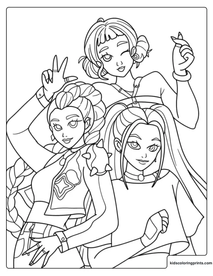 Huntrix Girls Trio Coloring Page With Mira Rumi And Zoey Posing Together