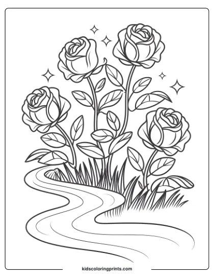 Coloring Page Of Four Roses Beside A River Path, Surrounded By Stars, Creating A Whimsical, Magical Scene.