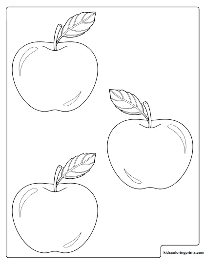 Three Apples Coloring Page With Leaves.