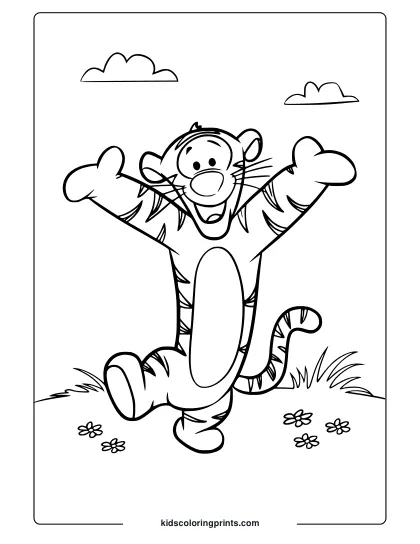 Cheerful Tigger Jumping In The Sky With Flowers In A Meadow Coloring Page.
