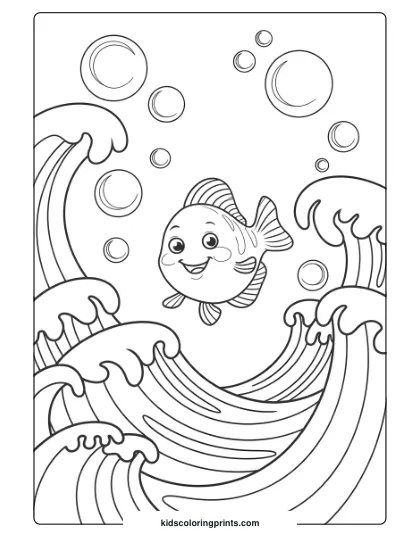 A Small Fish Surrounded By Waves And Bubbles Offers A Whimsical, Bubbly Underwater Scene For Coloring.