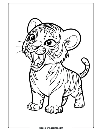 Tiny Tiger Coloring Page Featuring A Roaring Tiger Cub With Wide Eyes And A Fluffy Tail.
